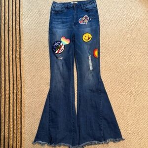 YMI Blue Flare Wide Leg Jeans with Retro Patches